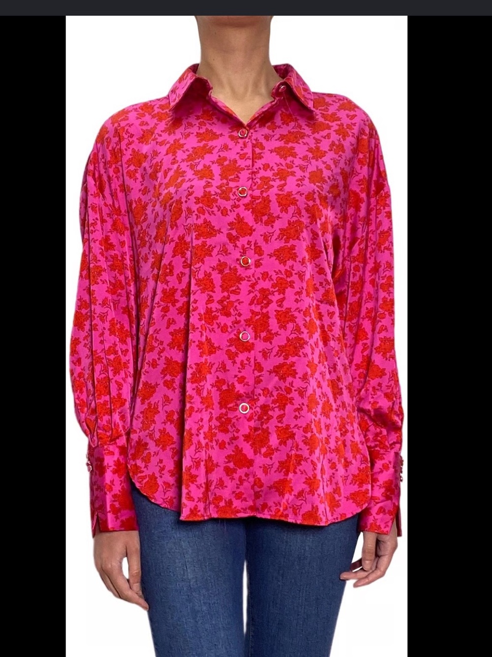 Zara Pink Red Floral-Print Button-Down Shirt